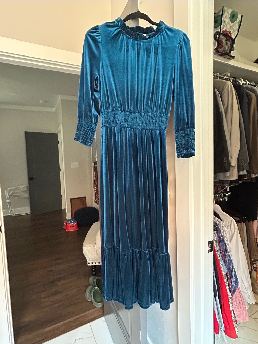 Blue Velvet Long-Sleeve Smocked Waist Maxi Dress